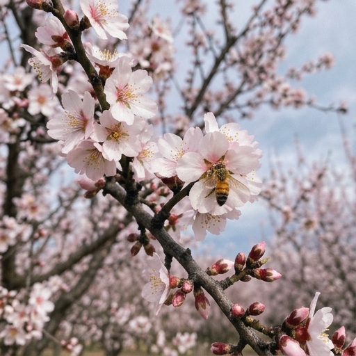 Amendoeira no Algarve: Floração de Inverno e Colheita de Verão 7 Ramo de amendoeira (Prunus dulcis) com flores brancas e rosadas e uma abelha a pousar numa flor.
