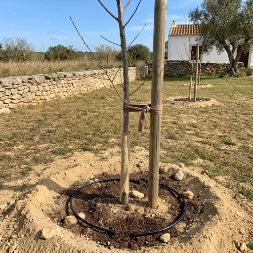 Amendoeira no Algarve: Floração de Inverno e Colheita de Verão 8 Jovem amendoeira (Prunus dulcis) recém-plantada com tutor de madeira e proteção de juta no tronco, em solo calcário.