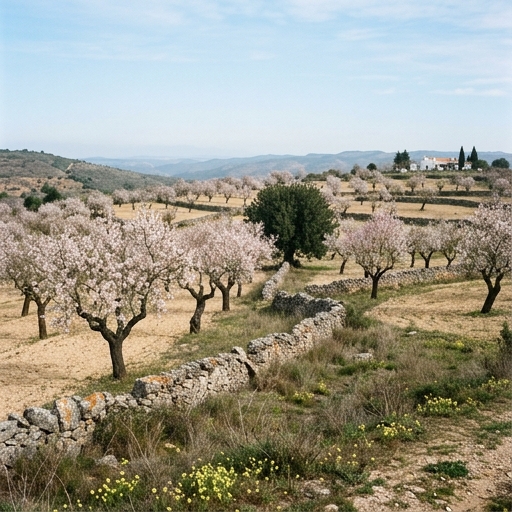 Amendoeira no Algarve: Floração de Inverno e Colheita de Verão 9 Pomar de amendoeiras (Prunus dulcis) em flor branca e rosada nos arredores de Loulé, com muros de pedra calcária.
