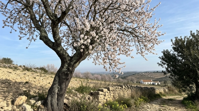 Amendoeira (Prunus dulcis) em flor branca e rosada contra céu azul do interior algarvio, com muro de pedra seca.