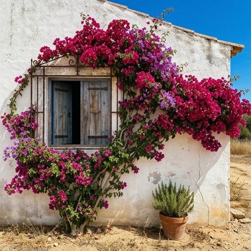 Arbustos com Flor para Jardins Portugueses: Beleza sem Esforço 12 Buganvília (Bougainvillea spp.) em flor magenta a cobrir parede caiada com janela de madeira no sul de Portugal.