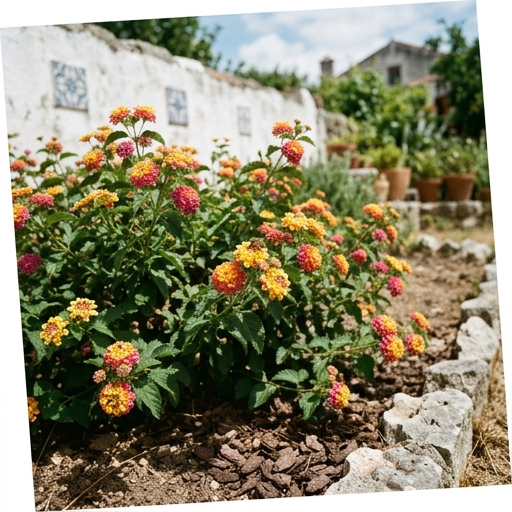 Arbustos com Flor para Jardins Portugueses: Beleza sem Esforço 18 Inflorescências multicolores de lantana (Lantana camara) em amarelo, laranja e rosa num canteiro soalheiro.