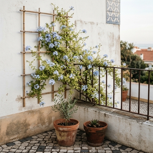 Arbustos com Flor para Jardins Portugueses: Beleza sem Esforço 24 Plumbago auriculata em flor azul-celeste sobre pérgola de madeira em pátio português.