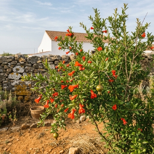 Arbustos com Flor para Jardins Portugueses: Beleza sem Esforço 30 Romãzeira (Punica granatum) com flores escarlate tubulares e frutos jovens num jardim alentejano.