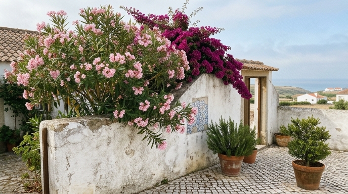 Canteiro português com loendro rosa (Nerium oleander) e buganvília magenta junto a muro caiado e azulejos azuis.