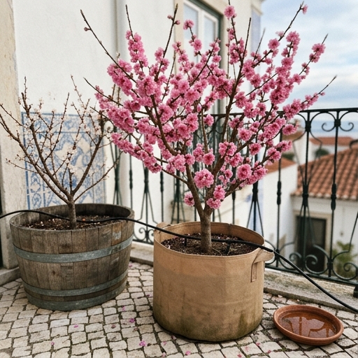 Árvores de Fruto Anãs em Vasos: Guia para Pátios e Varandas 7 Pessegueiro anão 'Bonanza II' (Prunus persica) com flores duplas rosadas, em vaso de geotêxtil numa varanda portuguesa.