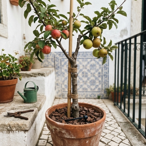 Árvores de Fruto Anãs em Vasos: Guia para Pátios e Varandas 8 Macieira anã (Malus domestica) sobre porta-enxerto M27 em vaso de barro, com tutor de bambu numa varanda em Lisboa.