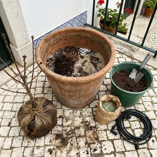 Árvores de Fruto Anãs em Vasos: Guia para Pátios e Varandas 9 Substrato de plantação para árvore de fruto em vaso — terra, composto, perlite e areia grossa misturados num balde.