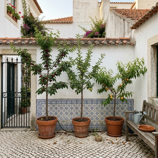 Árvores de Fruto Anãs em Vasos: Guia para Pátios e Varandas 10 Pátio português com várias árvores de fruto anãs em vasos de barro — cerejeira, macieira e pessegueiro em frutificação.