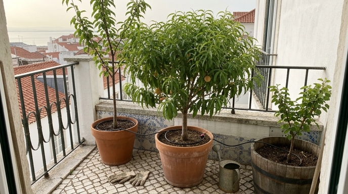 Pessegueiro anão (Prunus persica) 'Bonanza II' em vaso de barro numa varanda lisboeta com azulejos azuis e brancos.