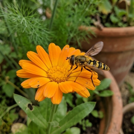 Sirfídeo (Episyrphus balteatus) sobre flor de calêndula laranja, com mimetismo de listras amarelas e pretas.
