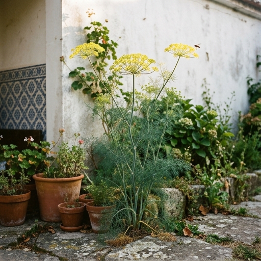 Touceira de funcho (Foeniculum vulgare) com umbelas amarelas em pleno verão num quintal português.