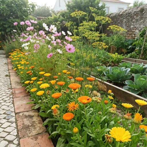 Fila de calêndulas laranja e cosmos cor-de-rosa à frente de funcho — faixa insectária num jardim em Lisboa.