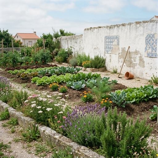 Faixa insectária com milenrama, alecrim e alfazema ao longo de horta caseira portuguesa.
