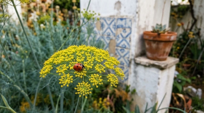 Joaninha-de-sete-pontos (Coccinella septempunctata) sobre umbela amarela de funcho num jardim em Lisboa.