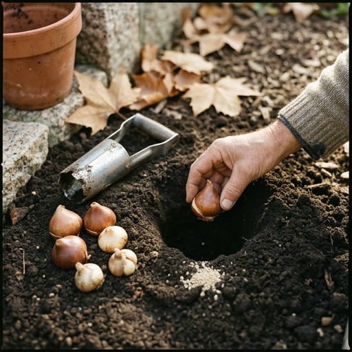 Mão a colocar bolbo de tulipa num furo de 12 cm em solo escuro, com sonda de bolbos ao lado, num quintal de outono português.