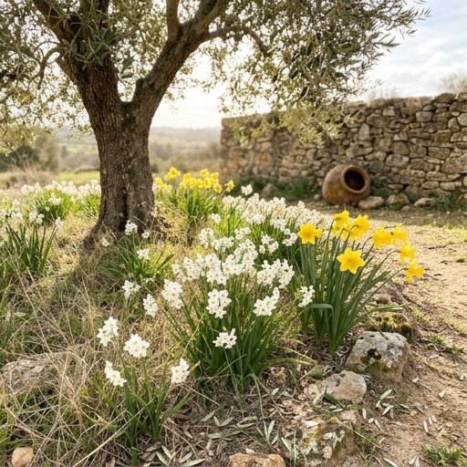 Touceira de narcisos brancos e amarelos (Narcissus papyraceus e Dutch Master) naturalizados sob oliveira num jardim do sul de Portugal.