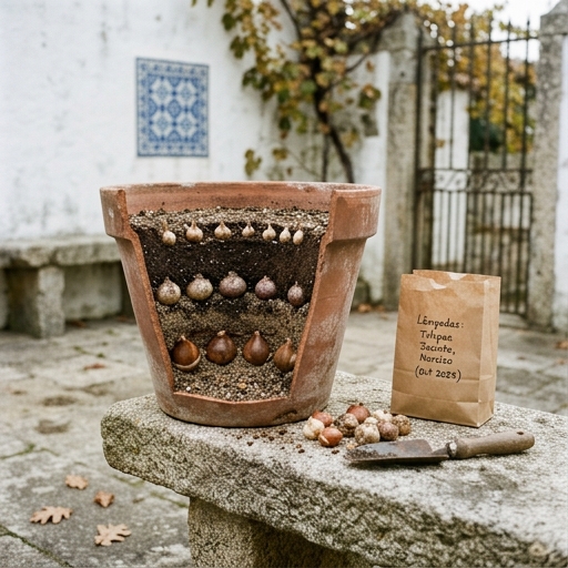 Vaso de terracota em corte parcial mostrando camadas de bolbos de tulipa, jacinto e narciso a diferentes profundidades sobre uma mesa de pedra.