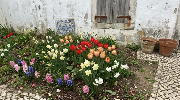 Canteiro português de primavera com tulipas, narcisos e jacintos junto a um muro caiado com azulejos azuis e brancos.
