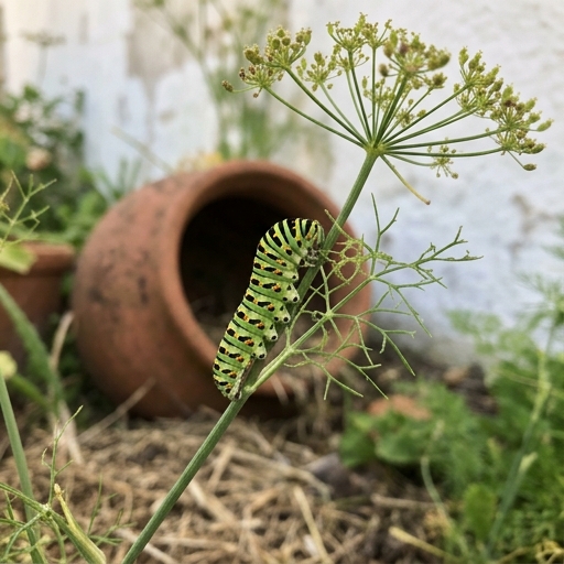 Borboletas no Jardim: Plantas Hospedeiras e Fontes de Néctar 6 Lagarta verde com bandas pretas e pontos laranja do papilio-machaon (Papilio machaon) sobre um caule de funcho.