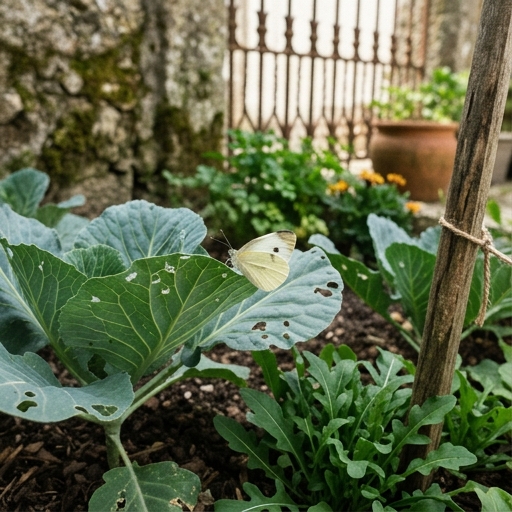 Borboletas no Jardim: Plantas Hospedeiras e Fontes de Néctar 7 Borboleta-da-couve (Pieris brassicae) de asas brancas pousada numa folha de couve-portuguesa numa horta.
