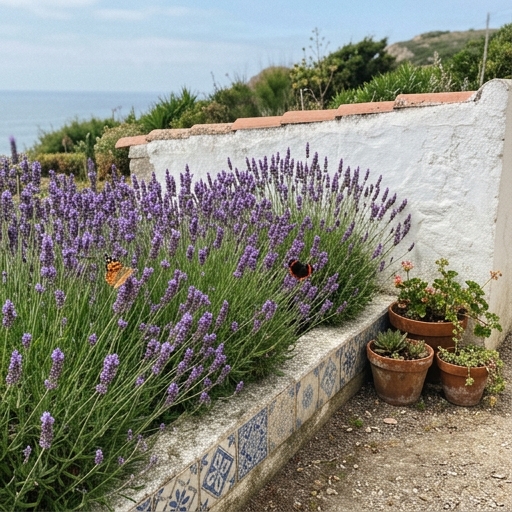 Borboletas no Jardim: Plantas Hospedeiras e Fontes de Néctar 8 Bordadura de lavanda (Lavandula angustifolia) em flor com várias borboletas a alimentar-se das espigas.