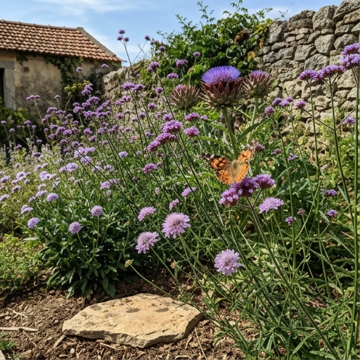 Borboletas no Jardim: Plantas Hospedeiras e Fontes de Néctar 9 Canteiro nectarífero com verbena (Verbena bonariensis), escabiosa e cardo (Cynara cardunculus) num jardim português.