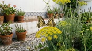 Borboleta papilio-machaon (Papilio machaon) pousada numa inflorescência amarela de funcho num jardim em Lisboa.