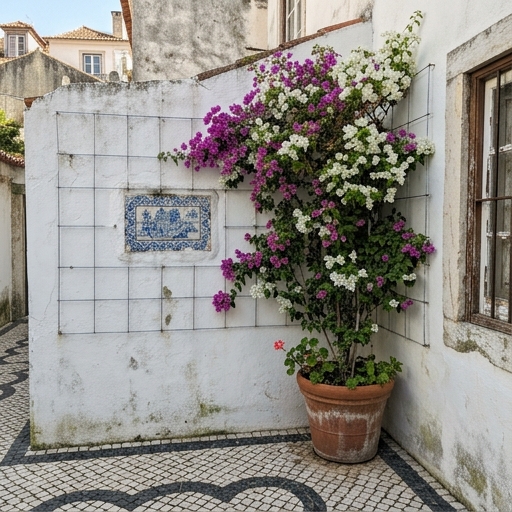 Buganvília: Como Obter Cor Máxima do Algarve a Lisboa 7 Buganvília magenta e branca treinada sobre muro caiado com azulejos azuis e brancos em Lisboa.