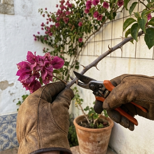 Buganvília: Como Obter Cor Máxima do Algarve a Lisboa 8 Mãos com luvas resistentes a podar uma haste de buganvília com tesoura de poda esterilizada.