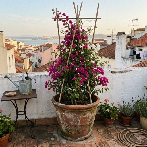 Buganvília: Como Obter Cor Máxima do Algarve a Lisboa 10 Buganvília magenta num grande vaso de barro num terraço lisboeta com chão de calçada portuguesa.