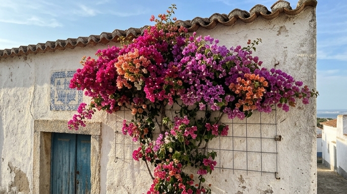 Buganvília (Bougainvillea spp.) magenta a cascatear sobre muro caiado de branco no Algarve.
