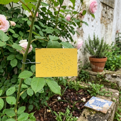 Cartão amarelo com ovos de crisopa (Chrysoperla carnea) preso a um ramo de roseira em flor na primavera.