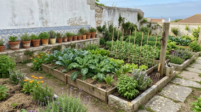 Horta caseira portuguesa saudável com couves, alface e roseiras junto a parede caiada e vasos de barro.