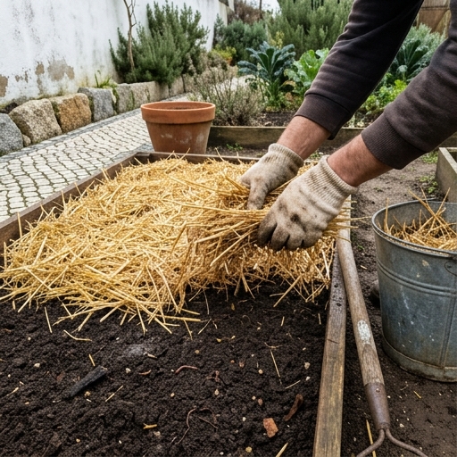 Mãos com luvas a espalhar mulch de palha sobre um canteiro de inverno num jardim português.