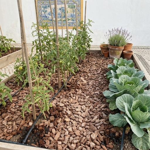 Canteiro de verão coberto por mulch de casca de pinheiro, com tomateiros e parede caiada ao fundo.