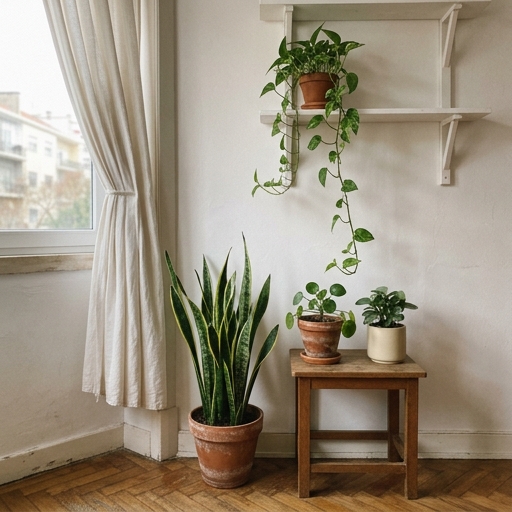 Composição em três camadas com sansevieria no chão, peperómia em mesa de apoio e pothos numa prateleira alta junto à janela.