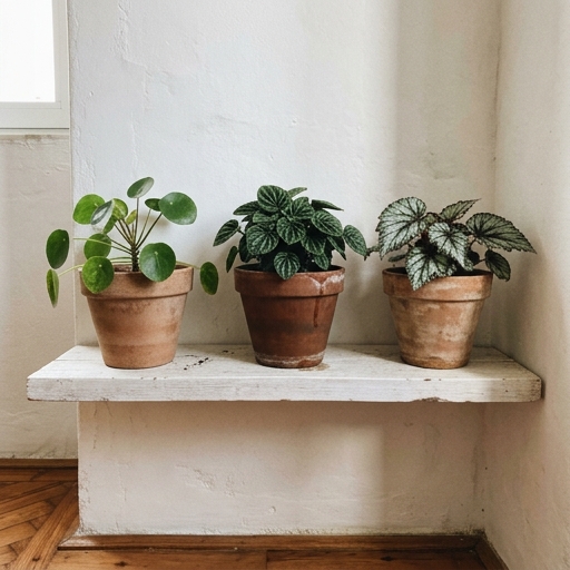 Prateleira flutuante branca com vasos de terracota com peperómia, pilea e begónia-rex, espaçados para circulação de ar.