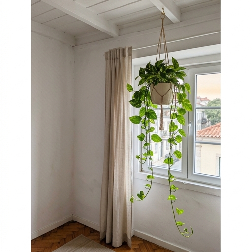 Pothos-dourado suspenso do teto numa sala de Lisboa, hastes pendentes a descer até cerca de 60 cm sobre uma janela.