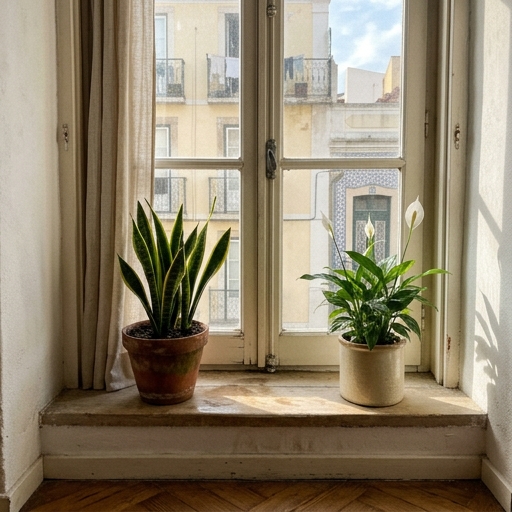 Sansevieria e espatifilo num peitoril de janela orientada a poente num apartamento de Lisboa, com luz suave da tarde.