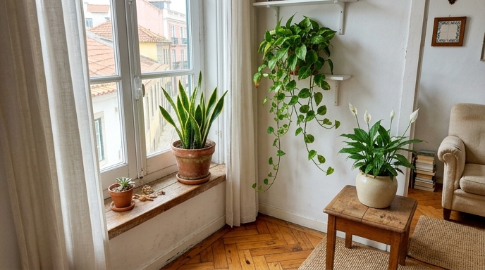Canto verde num apartamento lisboeta com pothos (Epipremnum aureum), espatifilo e sansevieria em prateleira e peitoril.
