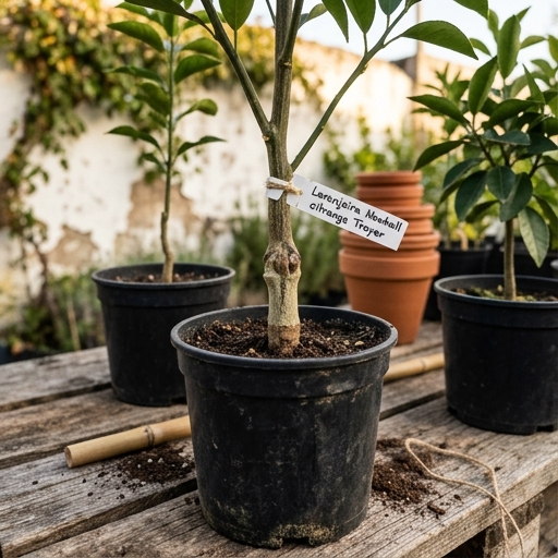 Citrinos em Portugal: Guia Completo para o Teu Jardim 7 Pormenor do ponto de enxertia de uma jovem laranjeira (Citrus sinensis) em porta-enxerto citrange, com etiqueta de viveiro.