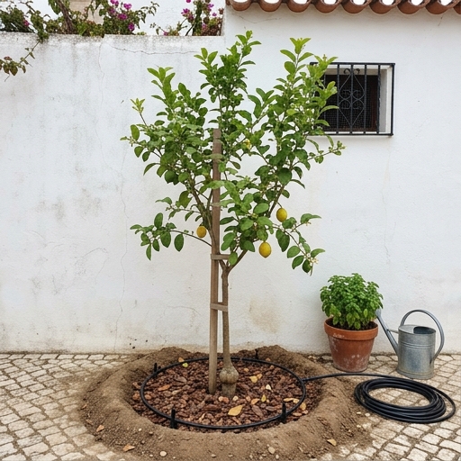 Citrinos em Portugal: Guia Completo para o Teu Jardim 8 Limoeiro (Citrus limon) jovem plantado encostado a parede caiada orientada a sul, num quintal português.
