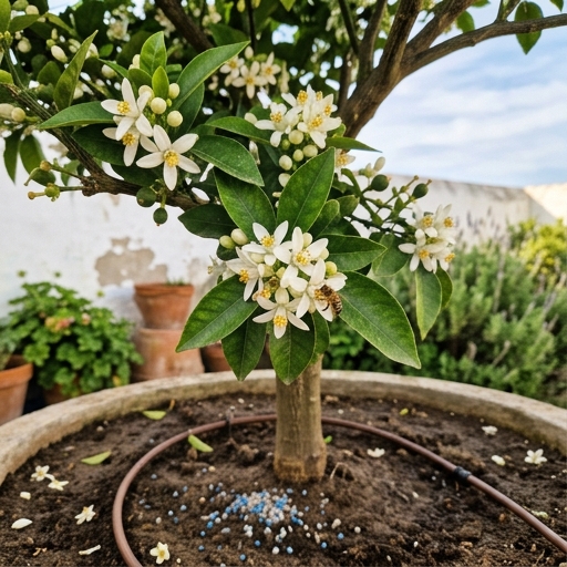 Citrinos em Portugal: Guia Completo para o Teu Jardim 9 Tangerineira (Citrus reticulata) em flor com pequenas flores brancas perfumadas e botões verdes num jardim português.