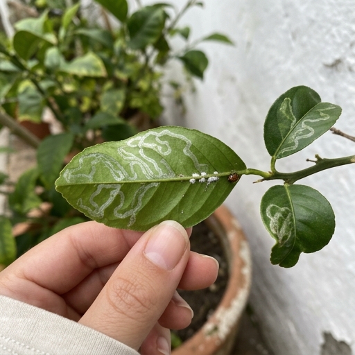 Citrinos em Portugal: Guia Completo para o Teu Jardim 10 Folha de limoeiro (Citrus limon) com galerias prateadas do minador-dos-citrinos e cochonilhas brancas no nervura central.