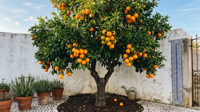 Laranjeira-doce (Citrus sinensis) carregada de laranjas maduras junto a parede caiada de branco num jardim português.