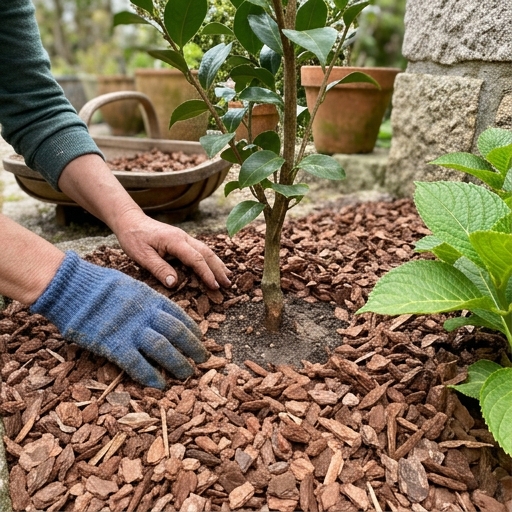 Cobertura Morta em Jardins Portugueses: Casca, Palha e Gravilha 6 Mãos a aplicar casca de pinheiro (Pinus pinaster) à volta de uma cameleira (Camellia japonica), deixando o colo livre.