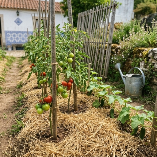 Cobertura Morta em Jardins Portugueses: Casca, Palha e Gravilha 11 Palha de trigo (Triticum aestivum) aplicada na horta caseira à volta de tomateiros (Solanum lycopersicum).