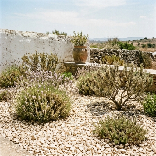 Cobertura Morta em Jardins Portugueses: Casca, Palha e Gravilha 16 Canteiro xerófito coberto com gravilha calcária, com lavanda (Lavandula angustifolia) e alecrim (Salvia rosmarinus).