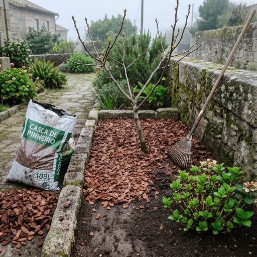 Cobertura Morta em Jardins Portugueses: Casca, Palha e Gravilha 17 Reposição de casca de pinheiro num canteiro em início de primavera, num jardim portuense.